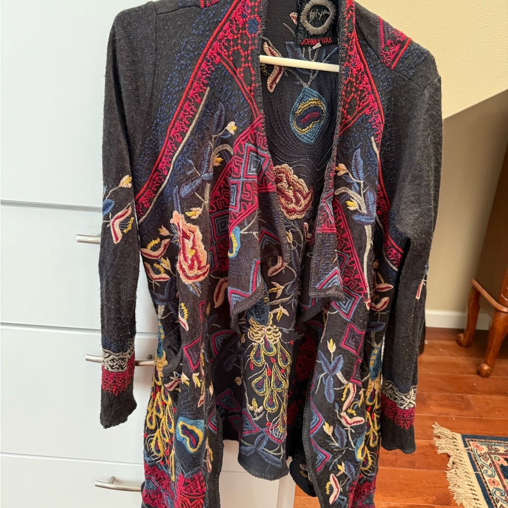 Johnny Was Gray and Red Bohemian Cardigan Sweater